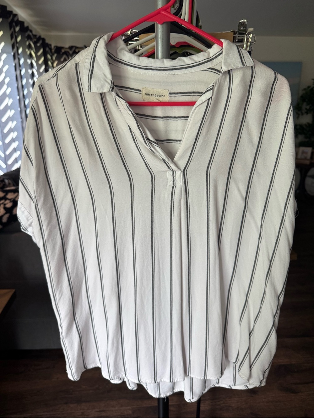 Thread & Supply White Blouse with Black Vertical Stripes